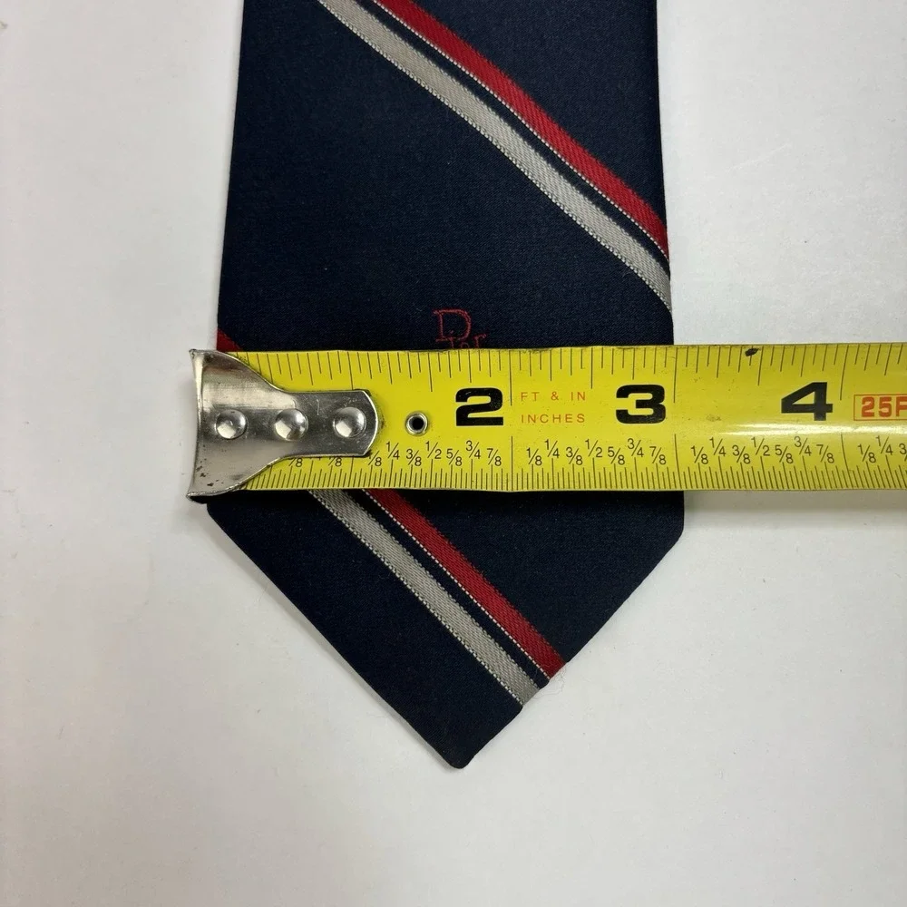 Vintage Christian Dior Necktie Diagonal Red Blue Silver Stripe Polyester Blend